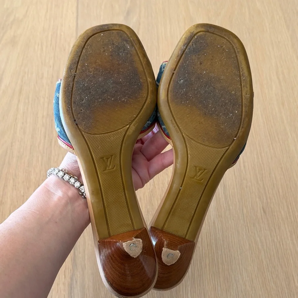 Louis Vuitton Blue Denim Monogram Slide Mules with Red Trim - Picture 3 of 3